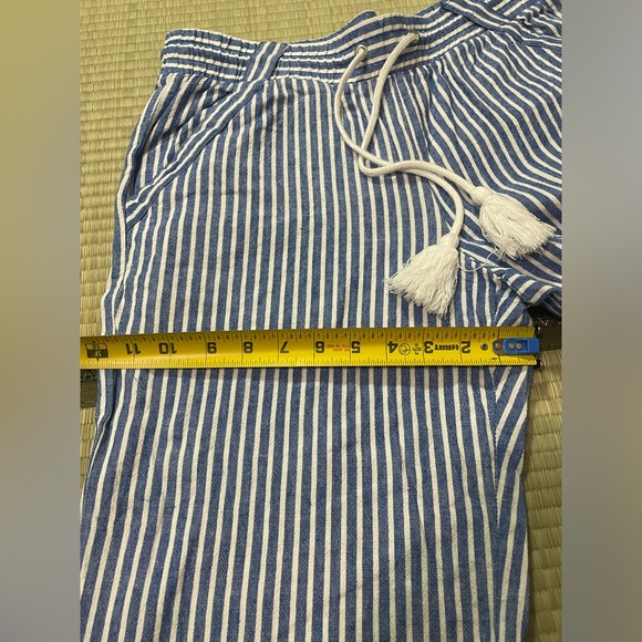 Jolt Womens Wide Leg Cropped Pants Blue Stripe Drawstring Pockets Tassels Linen - Picture 8 of 12